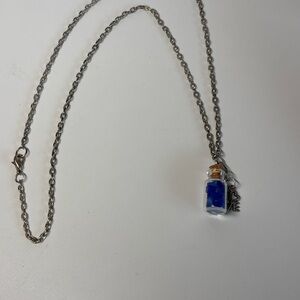 Silver Tone Sea Glass Bottle Pendant Necklace 26” LOVE Charm Cork Vial